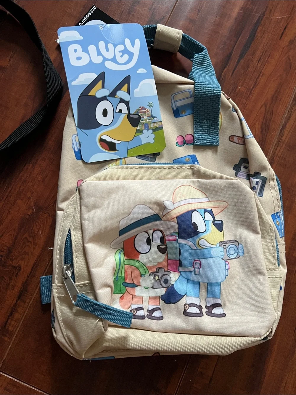 Kids Beige Cartoon Camera Backpack with Teal Handles